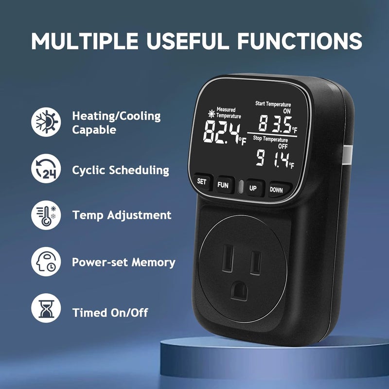 Comyan Temperature Controlled Outlet , 15A/1800W Digital Thermostat Outlet, Cyclic Timing/Countdown, -40℉~210℉ VA Display Heating Cooling Control Timer with 2Pcs Probe Cable for Reptile Incubator - Image 5